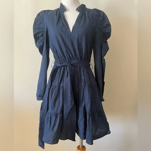 Anna Cate navy tie waste ruffle long sleeve Dress-Small - Picture 1 of 5